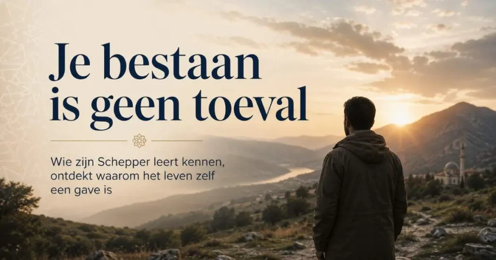 Man kijkt uit over een landschap bij zonsondergang met de tekst: Je bestaan is geen toeval.