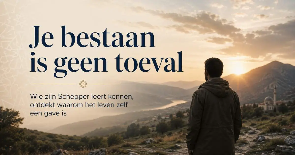 Man kijkt uit over een landschap bij zonsondergang met de tekst: Je bestaan is geen toeval.