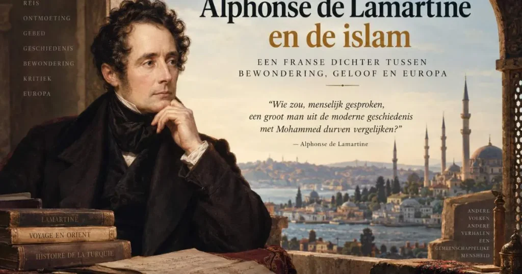 Historische illustratie van Alphonse de Lamartine met uitzicht op een Ottomaanse stad, bij zijn beschouwingen over de islam en Profeet Mohammed