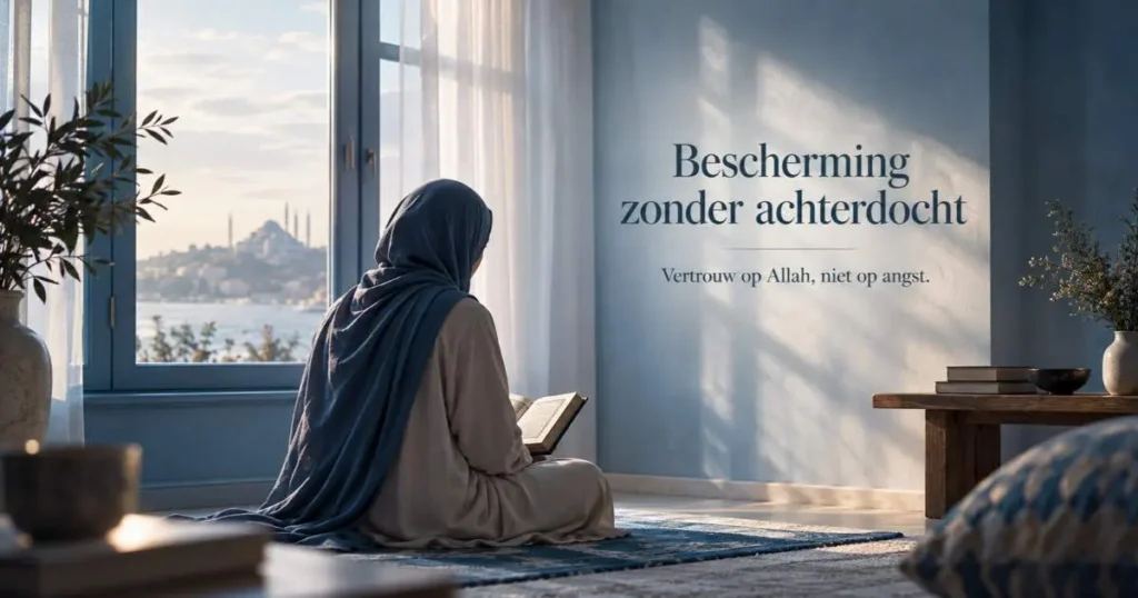 Moslimvrouw leest de Koran als bescherming tegen het boze oog, met vertrouwen op Allah en zonder achterdocht