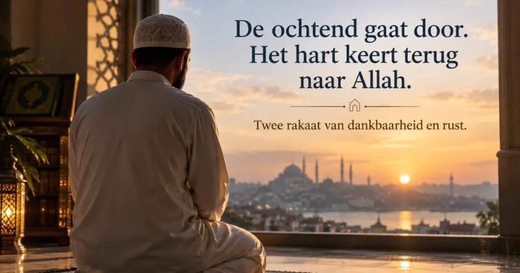 Moslim tijdens het duha-gebed in de ochtend, als moment van dankbaarheid, aanbidding en rust