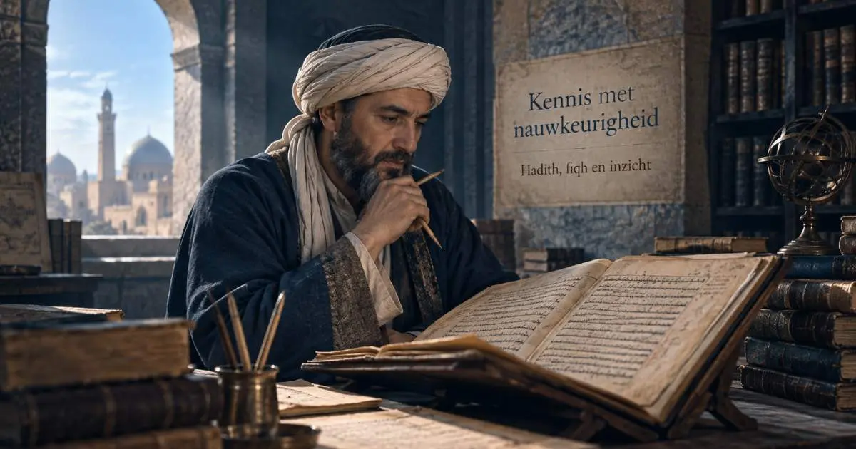 Historische illustratie van Imam at Tirmidhi bij het bestuderen en vergelijken van hadithoverleveringen