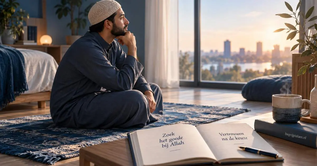 Moslim na het gebed tijdens een moment van bezinning over istikhara, keuze en vertrouwen op Allah