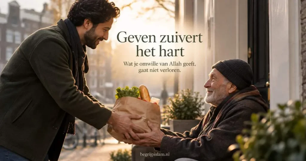 Man geeft boodschappen aan oudere man als beeld van liefdadigheid en sadaqah in de islam