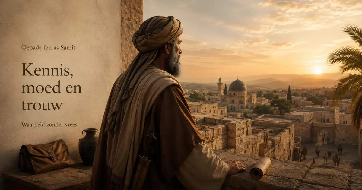 Historische illustratie bij het leven van Oebada ibn as Samit, met uitzicht over een stad in as Sham
