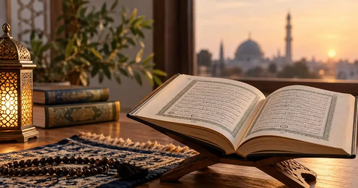 Open Koran bij een gebedskleed als symbool van roqyah, bescherming tegen sihr en vertrouwen op Allah