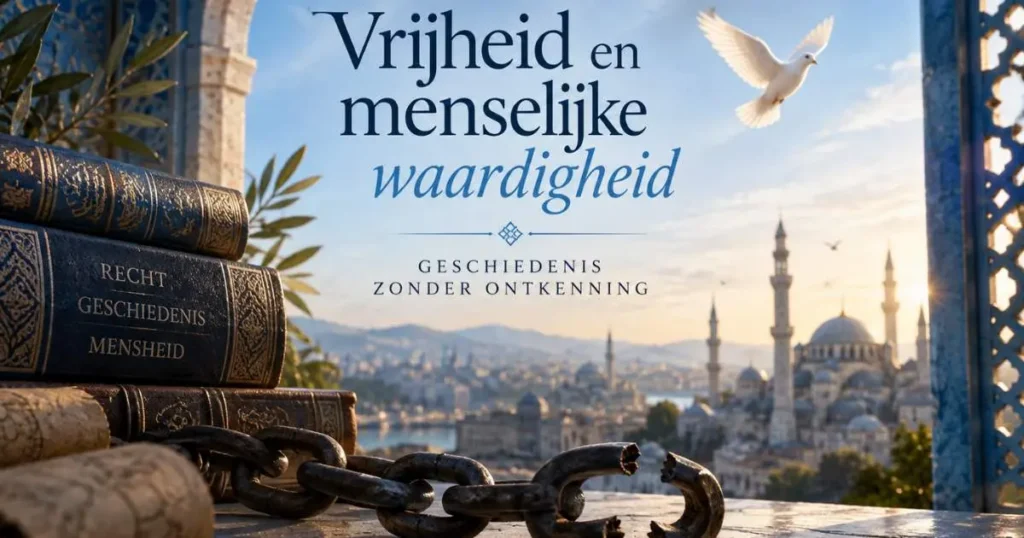 Gebroken ketting naast een oud boek als symbool voor slavernij, vrijheid en menselijke waardigheid in de islamitische geschiedenis