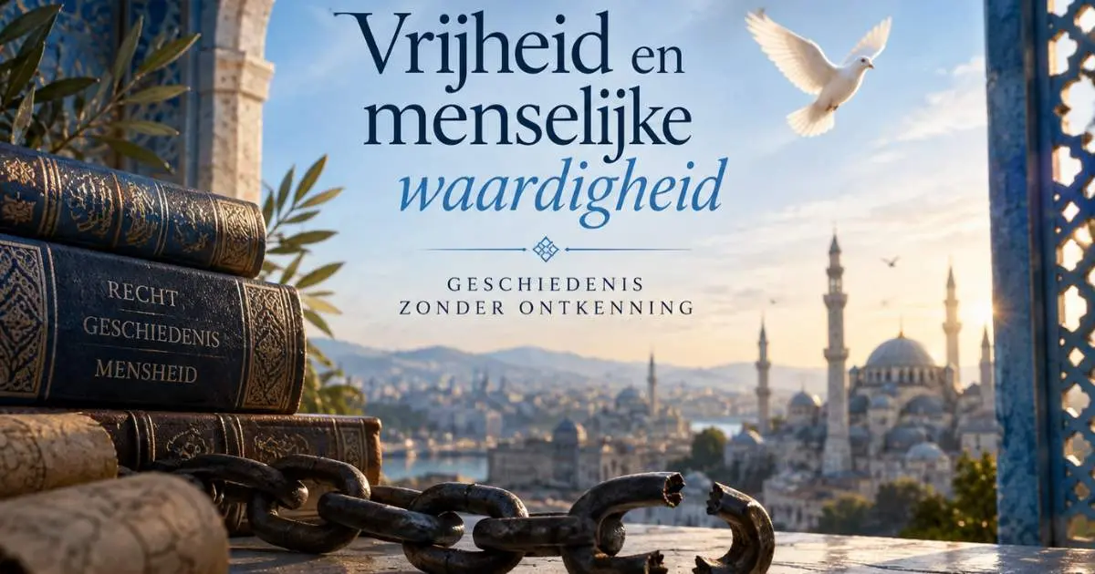 Gebroken ketting naast een oud boek als symbool voor slavernij, vrijheid en menselijke waardigheid in de islamitische geschiedenis