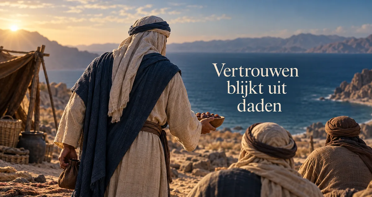 Historische illustratie bij Aboe Oebayda ibn al Djarrah: een man van achteren met een schaal dadels in een kustkamp.