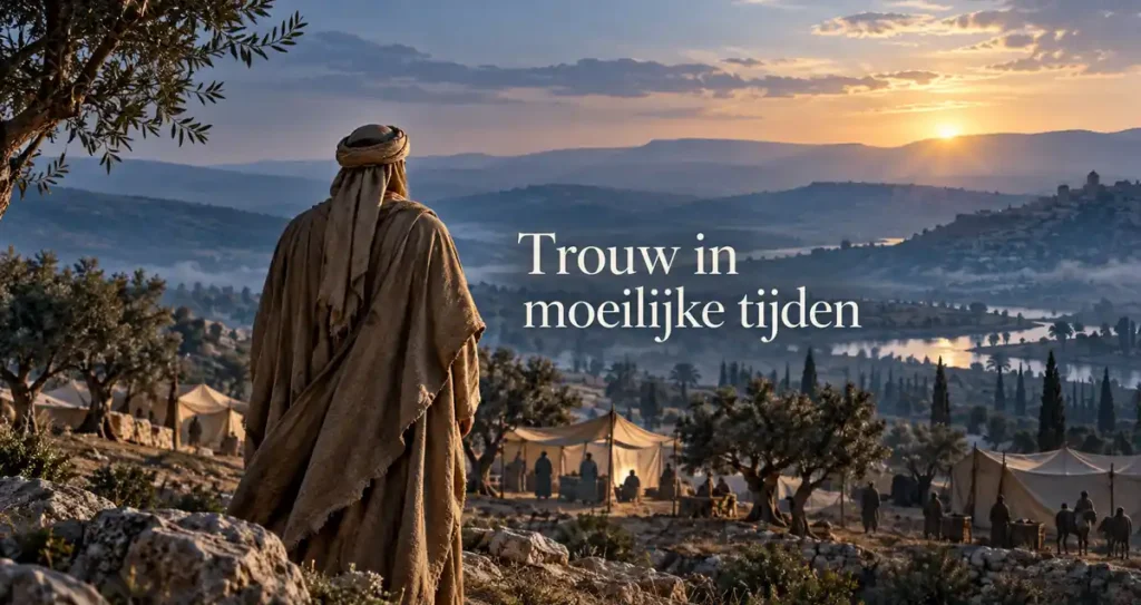 Illustratie bij Aboe Oebayda ibn al Djarrah: een leider van achteren bij een kamp, met de tekst ‘Trouw in moeilijke tijden’.