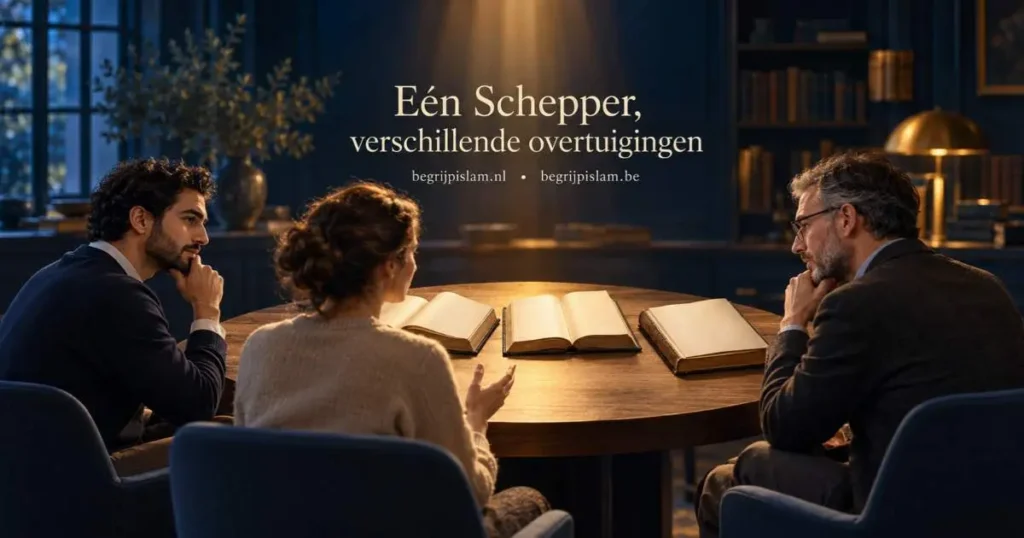 Drie mensen bespreken Allah en God rond een tafel met drie open boeken