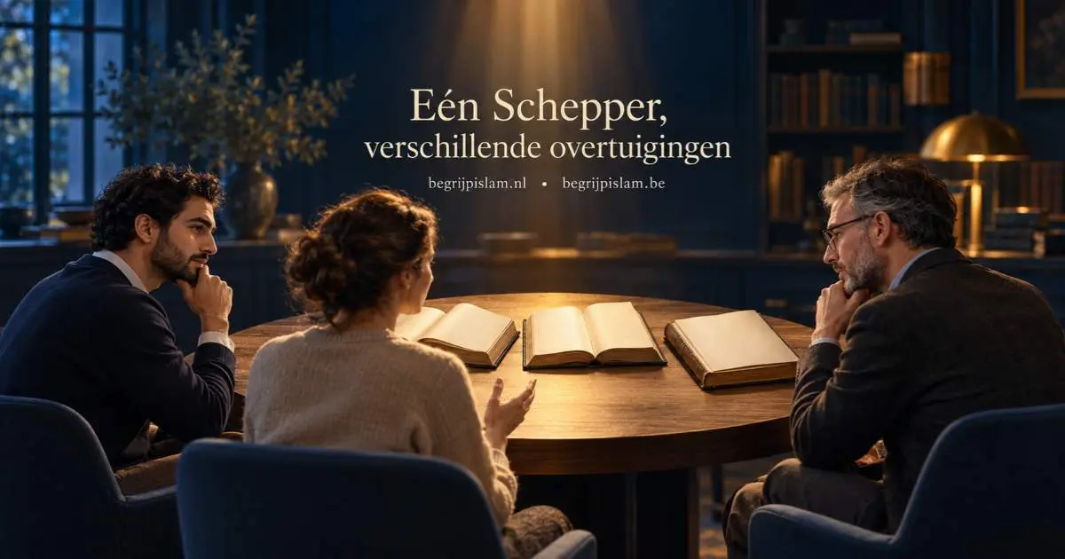 Drie mensen bespreken Allah en God rond een tafel met drie open boeken
