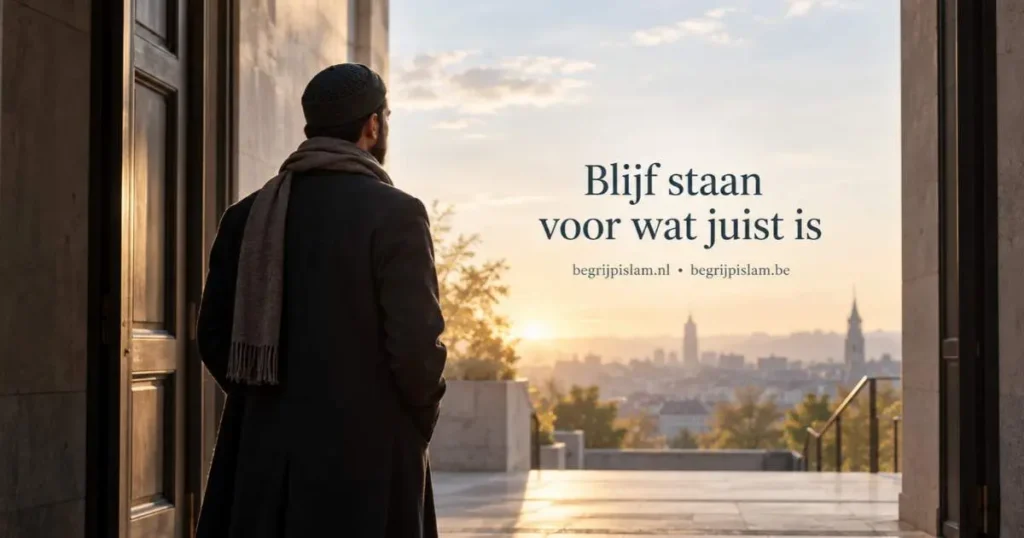 Moslimman staat bij zonsopgang in een deuropening als beeld van moed en standvastigheid bij angst in de islam
