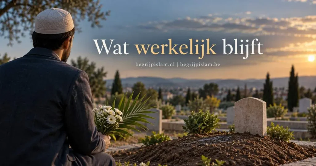 Een moslim houdt bloemen en een palmtak bij een eenvoudig graf, passend bij de vraag over bloemen op een graf in de islam.