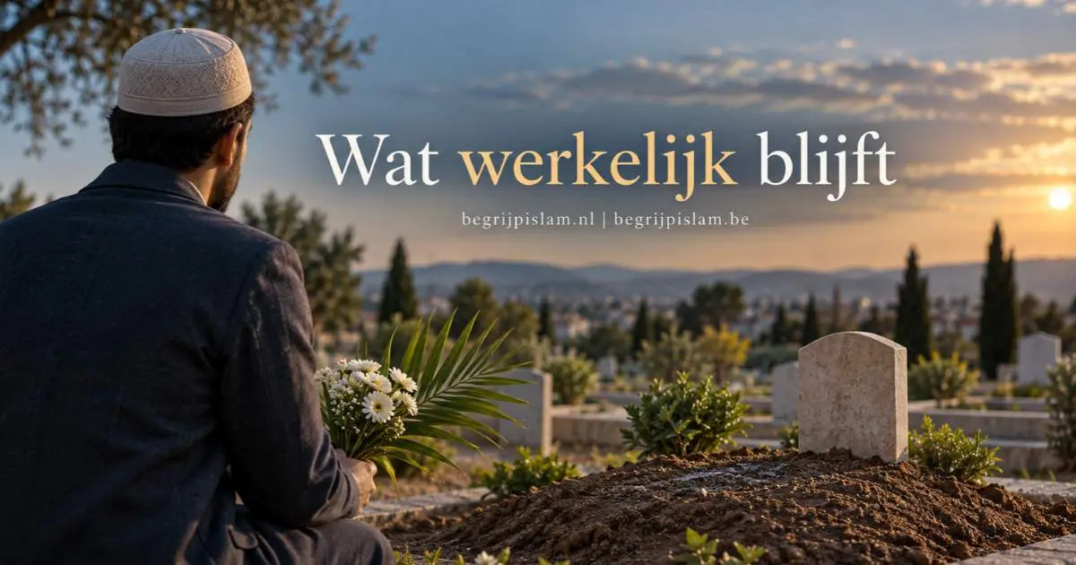 Een moslim houdt bloemen en een palmtak bij een eenvoudig graf, passend bij de vraag over bloemen op een graf in de islam.