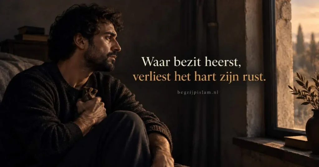 Man houdt een geldbuidel stevig vast als symbool voor gierigheid en gehechtheid aan bezit