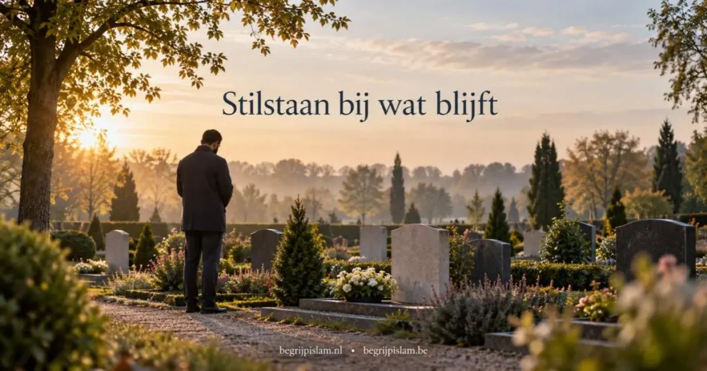 Een moslim bezoekt rustig een begraafplaats en staat stil bij de dood
