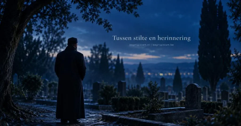 Een moslim staat in de avond bij een graf en denkt na over de vraag of overledenen bezoekers kunnen horen en herkennen.