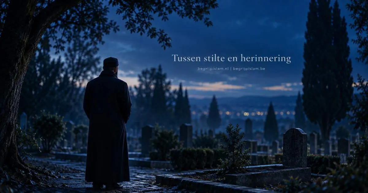 Een moslim staat in de avond bij een graf en denkt na over de vraag of overledenen bezoekers kunnen horen en herkennen.