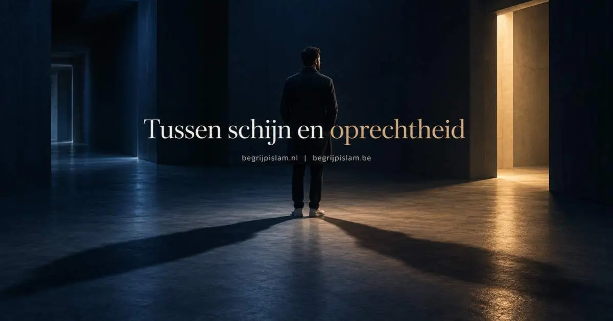 Een man tussen donkerblauw en warm licht als symbool voor huichelarij, nifaq en oprechtheid in de islam