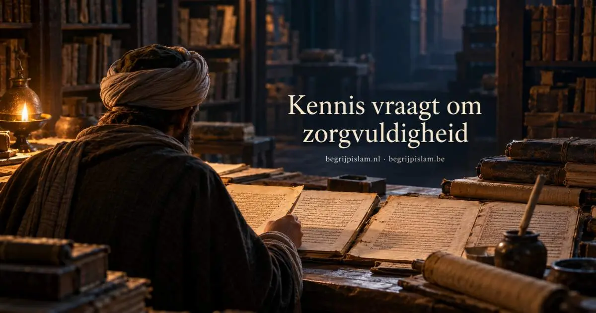 Historische scène van een geleerde die hadithmanuscripten bestudeert, als verbeelding van de wetenschappelijke vorming van Imam Moeslim