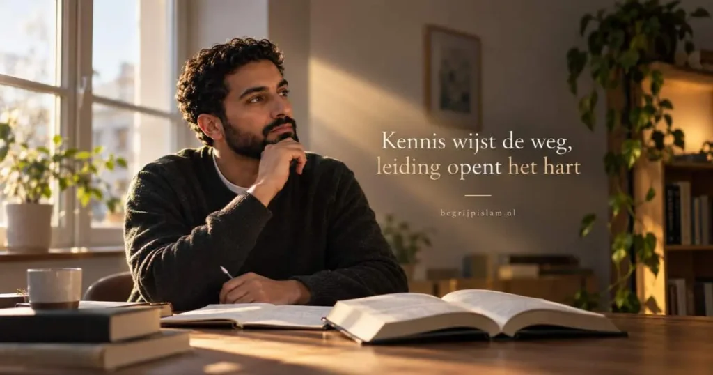 Man denkt na tussen boeken als beeld van het verschil tussen kennis en leiding in de islam