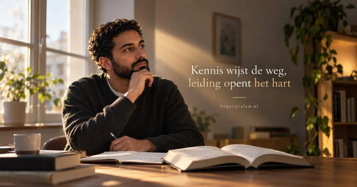 Man denkt na tussen boeken als beeld van het verschil tussen kennis en leiding in de islam