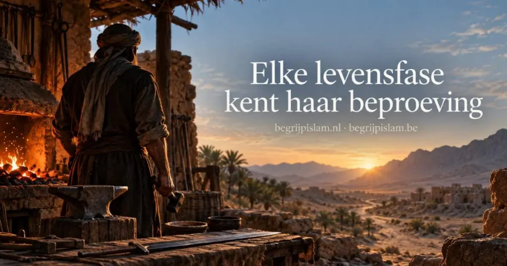 Symbolische voorstelling van Khabbab ibn al Aratt als smid in een vroege Arabische werkplaats