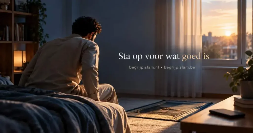 Man staat bij zonsopgang op naast een gebedskleed als beeld van het overwinnen van luiheid in de islam