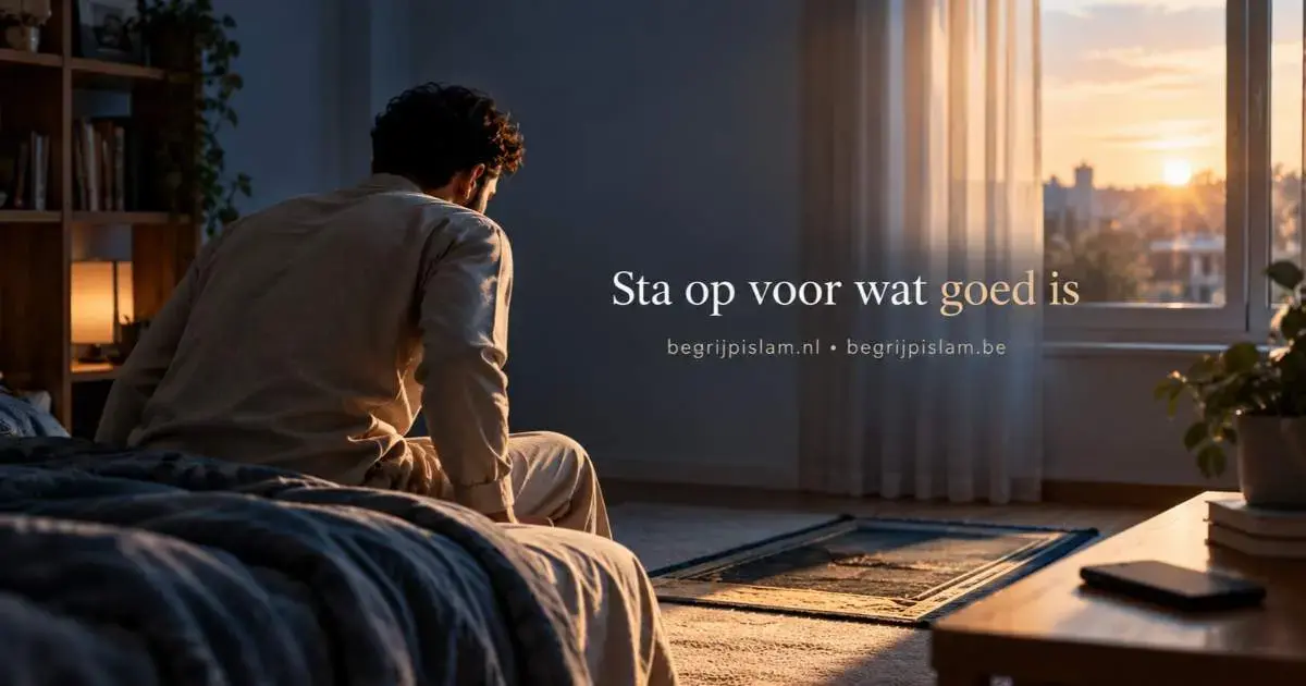 Man staat bij zonsopgang op naast een gebedskleed als beeld van het overwinnen van luiheid in de islam