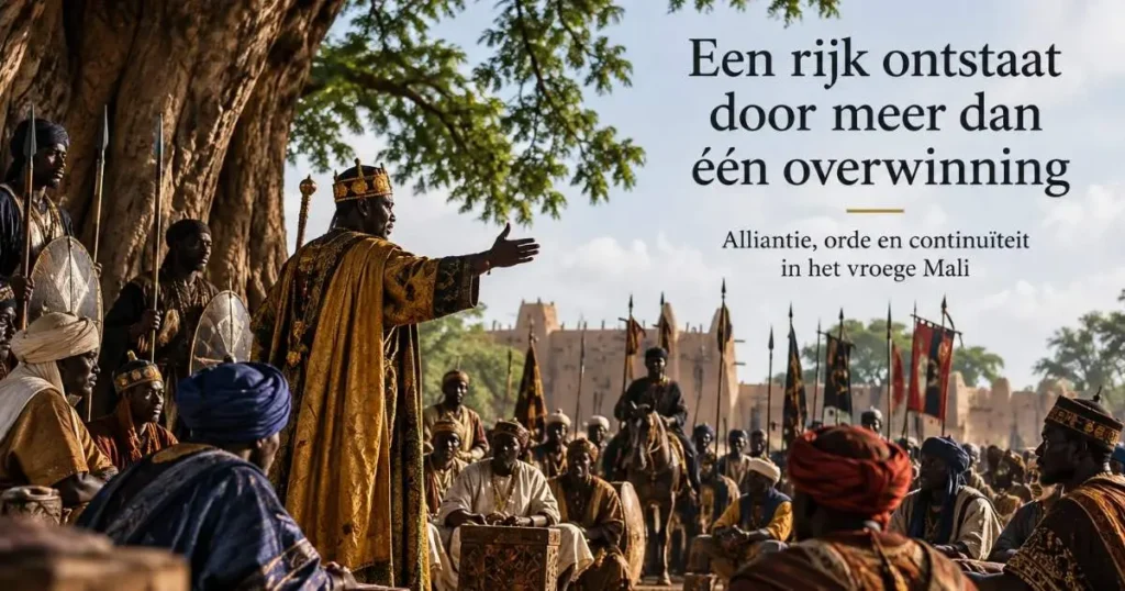 Historische raad in vroeg Mali met een heerser, bondgenoten en krijgers onder een grote boom