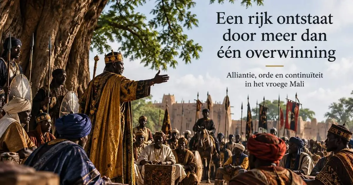 Historische raad in vroeg Mali met een heerser, bondgenoten en krijgers onder een grote boom