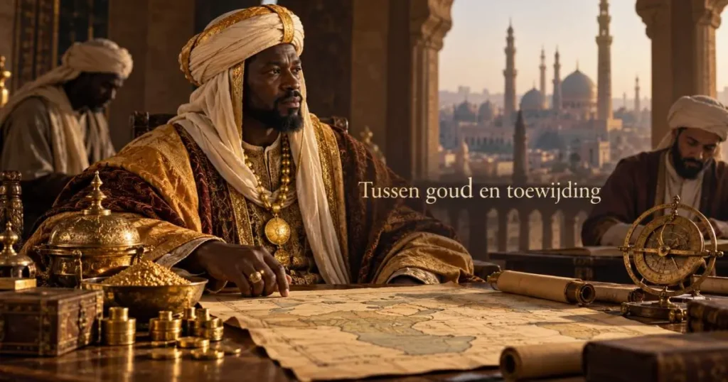 Mansa Musa afgebeeld met goud, kaarten en geleerden tijdens zijn reis door de islamitische wereld