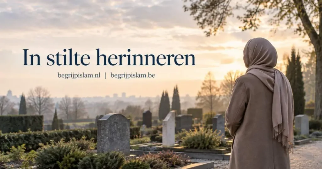 Moslimvrouw bezoekt in stilte een begraafplaats en staat respectvol bij de graven
