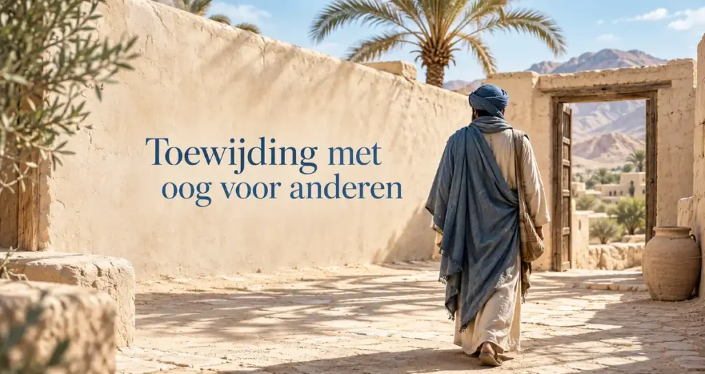 Symbolische scène bij Oethman ibn Mazoen: een man in blauwe kleding, van achteren gezien op een beige binnenplaats.