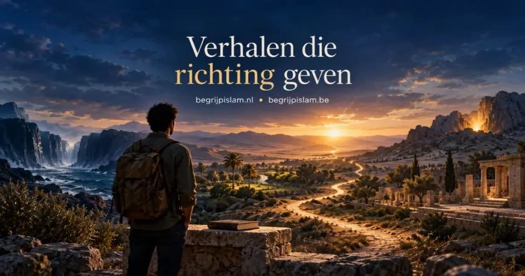 Een lezer kijkt over een landschap met een verlicht pad dat de betekenis van profetenverhalen in de Koran verbeeldt.