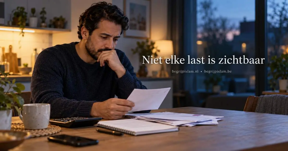 Man bekijkt thuis rekeningen bij een artikel over schulden in de islam