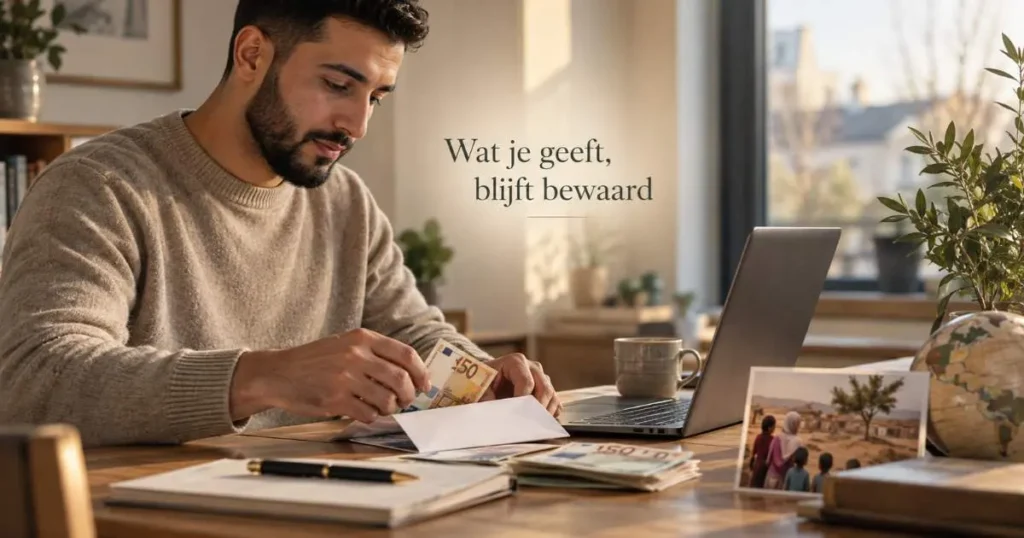 Moslim in Europa bereidt financiƫle hulp voor mensen in nood in het buitenland als beeld van infaq