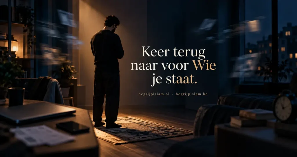 Een moslim bidt terwijl vervagende dagelijkse afleidingen waswasa tijdens het gebed verbeelden