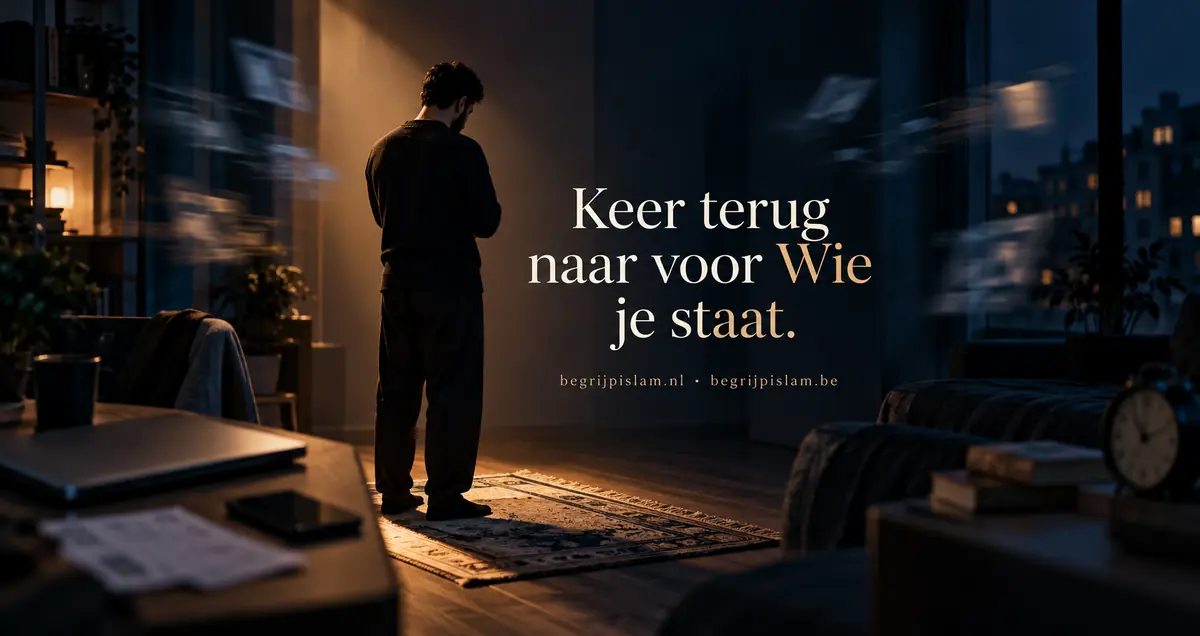 Een moslim bidt terwijl vervagende dagelijkse afleidingen waswasa tijdens het gebed verbeelden