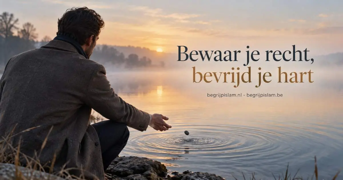 Man aan een stil meer laat een steen los als symbool voor het bevrijden van het hart van wrok in de islam