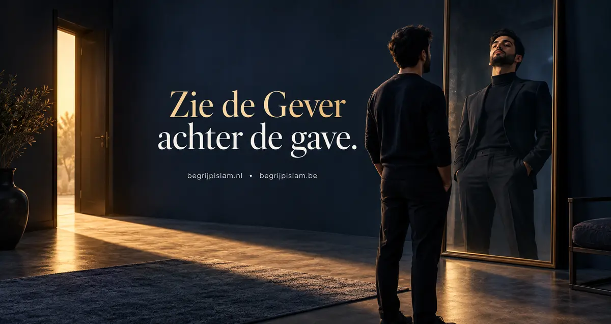 Een man kijkt naar een vergrote weerspiegeling als symbool voor zelfbewondering en opscheppen in de islam
